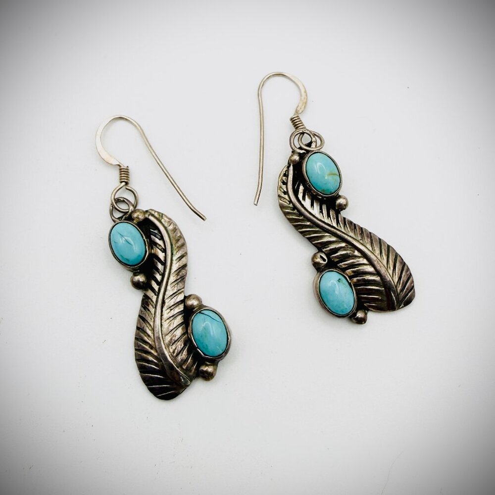 Native Sterling Turquoise Feather Dangle Earrings 1.75"